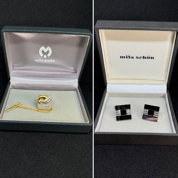 Mila Schön Other - Mila Schön Cufflinks‎ Tie Tack Set of 2 Vintage Gold Tone Black Square